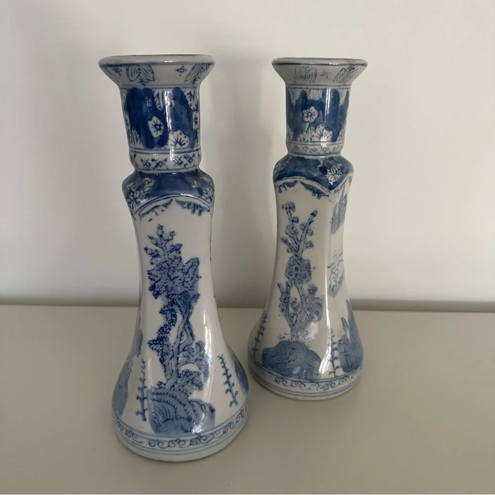 Two Vintage Williams Sonoma Chinoiserie Hand Painted Candle Holders Blue, White